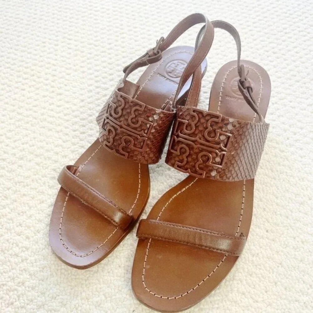 LIKE NEW Tory Burch Eleanor Brown Slingback Sandals Snakeskin Brown 9M